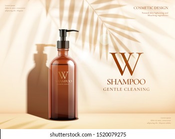 Gentle Cleaning Shampoo Ads With Brown Pump Bottle And Palm Leaves Shadows In 3d Illustration