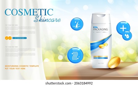 Gentle cleaning shampoo or skin care product ads with bottle, banner ad for beauty products, wooden surface in front of window and curtain on background for natural product display. vector design.