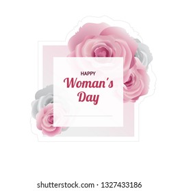 
Gentle color floral card for March 8, happy women's day, mother's day. Rectangular frame with pink flowers. Roses. Spring card with place for text.