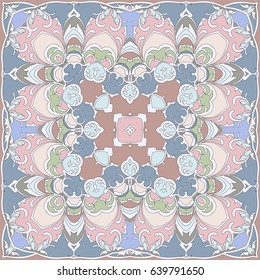Gentle color pattern in Oriental style. Square ornament for shawls, scarves or pillow.Vector illustration.