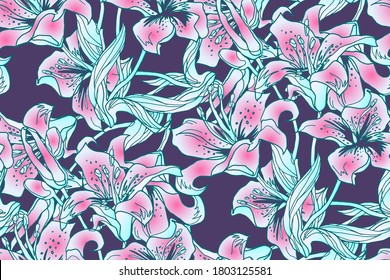 Gentle Colored Silhouettes, Flower Buds and Leaves of Lily Flowers in seamless pattern drawn by hand in doodle style with solid fill background. Contemporary Home textile, wallpaper, fabric, package.