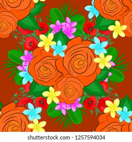 Gentle colors. Female pattern. Handmade. Seamless pattern with red, orange and green flowers watercolor.