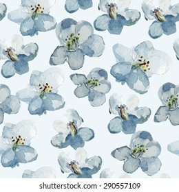 Gentle colors watercolor with flowers of cherry tree or an apple tree or jasmine. Seamless pattern in vector format. Perfect for wedding design, save the date card.