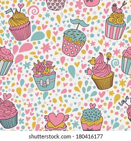 Gentle concept seamless pattern. Tasty background made of cupcakes. Seamless pattern can be used for wallpaper, pattern fills, web page backgrounds, surface textures.
