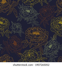 Gentle contour peonies. Hand drawn vector seamless pattern. Wildflowers retro sketch, outline floral ornament. Colored vintage design for print, fabric, textile, background, wrap, wallpaper, decor.