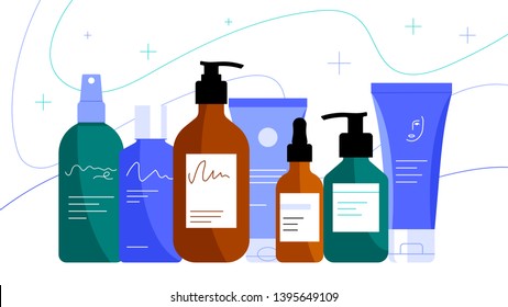 Gentle cosmetic bottles: cream, lotion, tonic, micellar water, oil, face cream, hand cream. Illustration of skin care products in modern flat style.