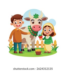 Vaca Gentil Decorada para Qurbani de Pé com Crianças
