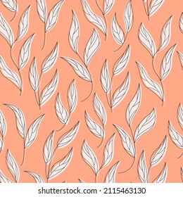 gentle curly leaves with outline on pink background pastel palette. nice seamless pattern for textile, gift wrapping paper or wallpaper, romantic design