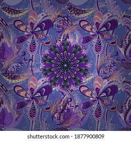 Gentle, cute floral background. Vector floral pattern in doodle style with flowers. Flowers on violet, purple and neutral colors.