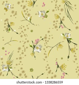 Gentle cute romantic floral pattern with small field plants in pastel colours. Seamless vector. Botanical motifs randomly on a beige background. For textiles, ceramic tiles, wallpaper, wrapping paper