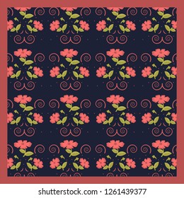 Gentle cute scarf pattern of flowers in trendy coral color on the navy background.Vector illustration