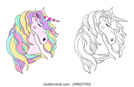 Gentle cute vector illustration of a unicorn with a sample for coloring, for coloring