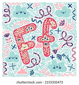 Afiche lindo lindo vector con letra latina F al estilo folclórico escandinavo. Doodles, ornamentos, nubes y remolinos Pastel kawaii para textiles, envoltura, impresión, tipografía, bebés, niños, decoración, tarjetas