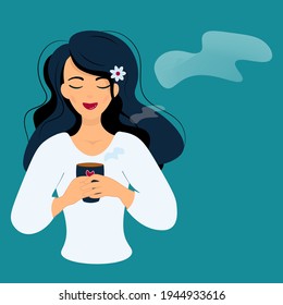 A gentle dark-haired girl with a hot drink in her hands. Coffee time rest with coffee. Woman drinks and enjoys. Vector illustration with place for text. Conceptual composition for coffee shops.