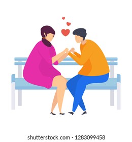 Gentle date on a bench in the park in the fresh air. Gentle words, declaration of love. Date and relationship. Kises of eternal love. Characters for a greeting card for Valentine Day.