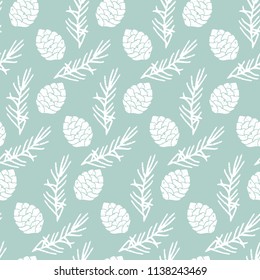 Gentle decorative background with pine twigs and cones. Hand drawn vintage seamless pattern.
