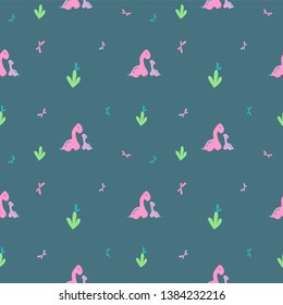 Gentle dino pattern. Pink big, purple little dinosaur and butterflies. Print tile for textiles, clothing. Backdrop blog or banner. Prehistoric animals in the Scandinavian style. Vector illustration.
