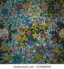 Gentle, doodles on blue, green and neutral colors. Abstract seamless vector pattern with hand drawn floral elements.
