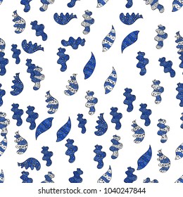 Gentle, doodles on white, blue and black colors. Abstract seamless vector pattern with hand drawn floral elements.