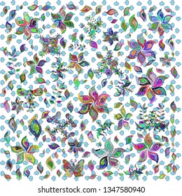 Gentle, doodles on white, blue and gray colors. Abstract seamless vector pattern with hand drawn floral elements.