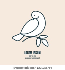 Gentle dove decorative element. Abstract pigeon holding an olive branch. Symbol of peace and health care. Line style bird for concept design. Vector illustration.