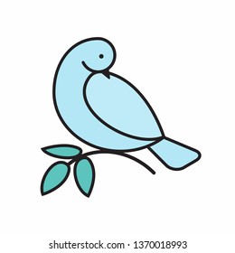 Gentle dove decorative element. Abstract blue pigeon holding an olive branch. Symbol of peace and health care. Line style bird for concept design. Vector illustration.