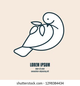 Gentle dove with olive branch decorative element. Abstract pigeon like symbol of peace and health care. Line style bird for concept design. Vector illustration.