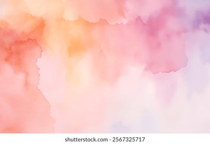 Gentle dreamy watercolor painting with tranquil mood. Blurred vector background of refreshing splash of natural purple hues blending with soft oranges. Abstract image with calming atmosphere