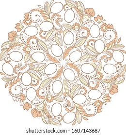 Gentle easter holiday floral motif mandala. Coffee and vanilla colors on a transparent background