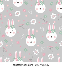 gentle Easter seamless pattern with cute bunnies and small flowers on a light gray background