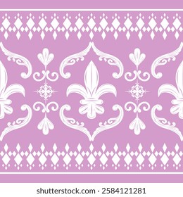 Gentle Elegance Lilac Pattern with Geometric White Detailed Ornament Seamless Border Luxury Timeless Fleur De lis Lily Floral Victorian Regency Style for Haute Couture Traditional Fashion Apparel Lace