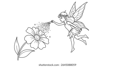 Fada suave Dusting Simples Flor com Magic Sparkle Colorir Página Encantando Criatura Mítica Ilustração