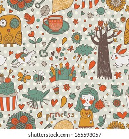 Gentle fairytale seamless pattern with little princess, horse, magic tree, castle, frog, key, cake. Sweet vector background can be used in birthday design, children bedroom.