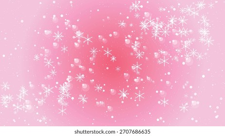 Suave caída de nieve y luces bokeh superpuestas sobre fondo degradado rosa, escena festiva de invierno.