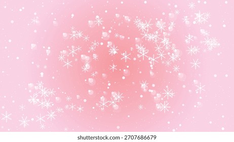 Copos de nieve que caen suaves y luces del bokeh en un fondo rosado suave del gradiente