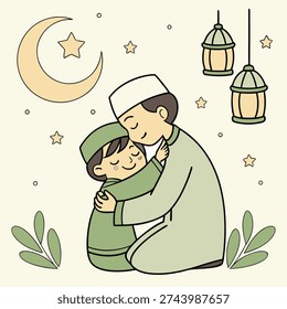 Gentle father and child hug under crescent moon