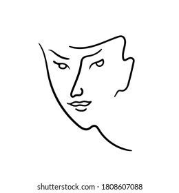 Gentle female face vector illustration. Line art sketch. Black and white.