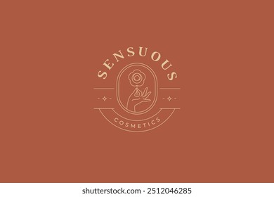Gentle female hand with flower minimalist line art logo design template vector illustration. Romantic woman arm holding floral botanical blossom circle linear logotype for spa wellness cosmetology