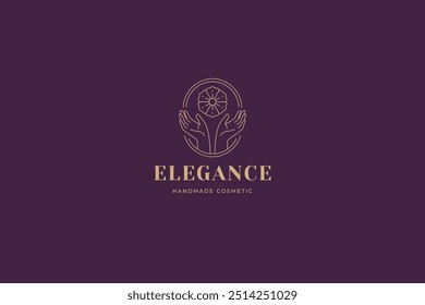 Gentle female hands with natural flower line art logo design template vector illustration. Minimalist blossom floral petal plant in arms linear logotype for organic skin care cosmetic spa wellness