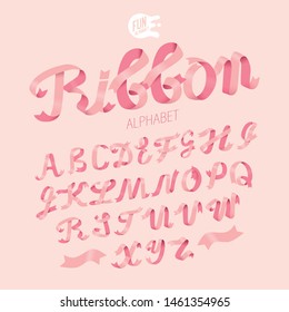 Gentle Feminine Ribbon Alphabet 3D Isometric. Woman Set Font. Spring Delicate Letters. Thin Ribbon Sign. Women's Day