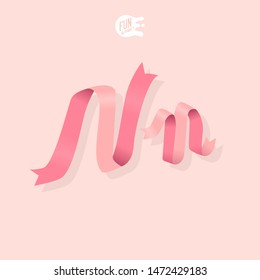 Gentle Feminine Ribbon Letter N. 3D. Isometric. Girl Set Font. Spring Delicate Alphabet. Women's Day. ABC. Strong Woman