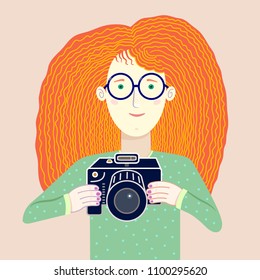 Gentle flat illustration representing a nice funny red-haired girl with camera in her hands. Suitable for printing or web, for advertising, for profile picture etc. Vector.