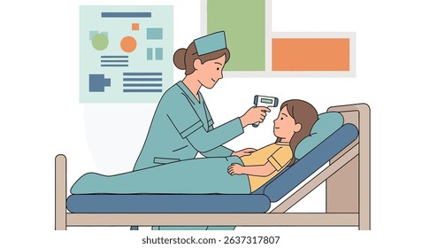 Gentle flat vector illustration of a nurse checking a young girl's temperature with a non-contact thermometer in a hospital setting. Ideal for pediatric and medical care	