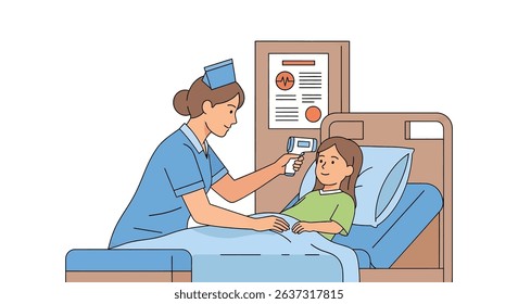 Gentle flat vector illustration of a nurse checking a young girl's temperature with a non-contact thermometer in a hospital setting. Ideal for pediatric and medical care	
