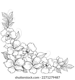 Gentle floral background from flower branches and buds, flower arrangement. Hand drawing. For stylized decor, invitations, cards, posters, flyers, backgrounds, as clipart