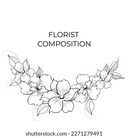 Gentle floral background from flower branches and buds, flower arrangement. Hand drawing. For stylized decor, invitations, cards, posters, flyers, backgrounds, as clipart