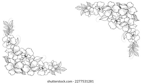 Gentle floral background from flower branches and buds, flower arrangement. Hand drawing. For stylized decor, invitations, cards, posters, flyers, backgrounds, as clipart