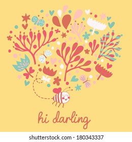 Gentle  floral card made of bee, flowers and butterflies. Ideal summer design for modern designs