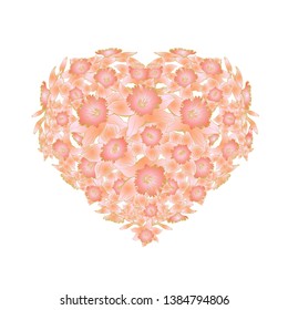 Gentle floral design with flowers of form of hearts isolated on white. Symbols of love in shape of heart for Happy Womens, Mothers, Valentines Day, birthday greeting card design.