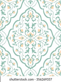 Gentle, floral ornament. Template for oriental carpets, textiles, shawl and any surface. Seamless vector pattern of blue and beige contours on a white background.